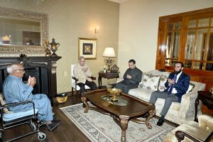 Prime Minister Muhammad Shehbaz Sharif visits Federal Minister for Maritime Affairs Junaid Anwar Chaudhry to offer condolences on the demise of his mother