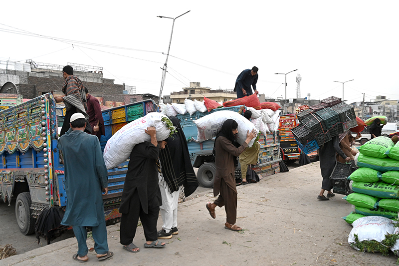 Labourers busy in arranging vegetable bags after unloading from delivery truck at Vegetable Market