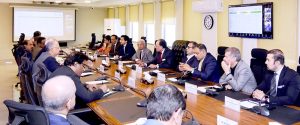 Federal Minister for Finance and Revenue, Senator Muhammad Aurangzeb, chairing a meeting of the committee constituted by the Prime Minister to monitor petrol prices and supply dynamics amid regional tensions, at the Finance Division