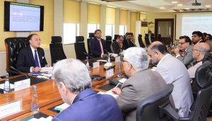 Federal Minister for Finance and Revenue, Senator Muhammad Aurangzeb, chairing a meeting of the Cabinet Committee on State-Owned Enterprises (CCoSOEs) at the Finance Division.