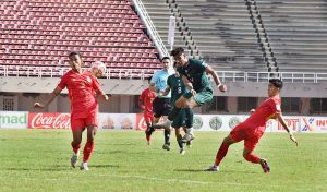 Players in action during the AFC Asian Cup qualifier football match between Pakistan and Myanmar at Jinnah Stadium, Sports Complex