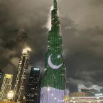 On the occasion of Pakistan Day 2026, Pakistan's national flag is illuminated on the iconic Burj Khalifa tower
