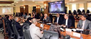 Federal Minister for Finance and Revenue, Senator Muhammad Aurangzeb, chairing a meeting of the Committee to Monitor Petrol Prices to review national fuel stocks and global market developments at the Finance Division today.