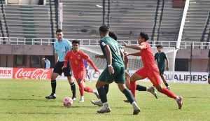 Players in action during the AFC Asian Cup qualifier football match between Pakistan and Myanmar at Jinnah Stadium, Sports Complex