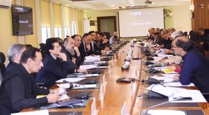Federal Minister for Finance and Revenue Senator Muhammad Aurangzeb chairing a meeting of the Economic Coordination Committee (ECC) of the Cabinet at the Finance Division.
