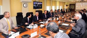 Federal Minister for Finance and Revenue, Senator Muhammad Aurangzeb, chairing a meeting of the Committee to Monitor Petrol Prices to review national fuel stocks and global market developments at the Finance Division today.