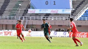 Players in action during the AFC Asian Cup qualifier football match between Pakistan and Myanmar at Jinnah Stadium, Sports Complex
