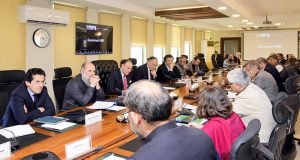 Federal Minister for Finance and Revenue Senator Muhammad Aurangzeb chairing a meeting of the Economic Coordination Committee (ECC) of the Cabinet at the Finance Division.