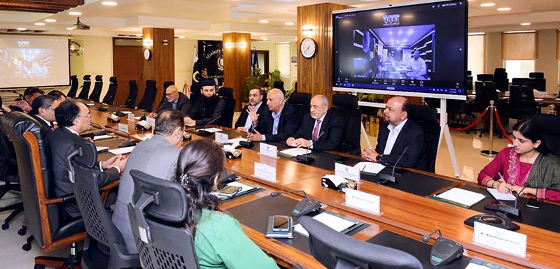 Federal Minister for Finance and Revenue, Senator Muhammad Aurangzeb, meeting with a delegation of leading textile exporters and industry stakeholders led by Haroon Sharif, Chairman of the Pakistan Regional Economic Forum, at the Finance Division