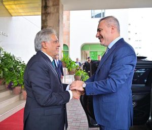 Deputy Prime Minister and Foreign Minister, Senator Mohammad Ishaq Dar, shakes hand with the Foreign Minister of the Republic of Türkiye, H.E. Hakan Fidan, at the Ministry of Foreign Affairs.
