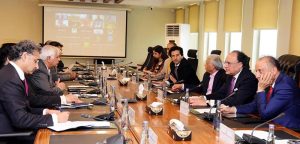 Federal Minister for Finance and Revenue, Senator Muhammad Aurangzeb, chairing a meeting of the Committee to Monitor Petrol Prices to review national fuel stocks and global market developments at the Finance Division today.
