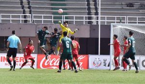Players in action during the AFC Asian Cup qualifier football match between Pakistan and Myanmar at Jinnah Stadium, Sports Complex