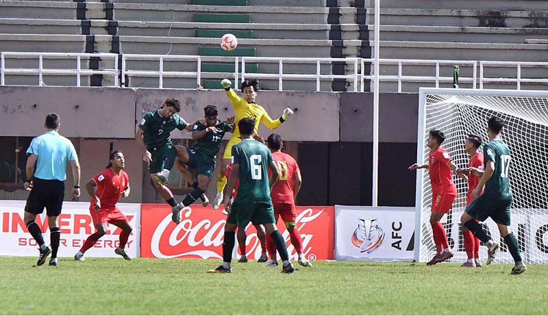 Players in action during the AFC Asian Cup qualifier football match between Pakistan and Myanmar at Jinnah Stadium, Sports Complex