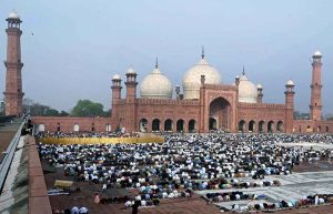 A large number of people are offering Eidul Fitr prayers at Badshahi Masjid