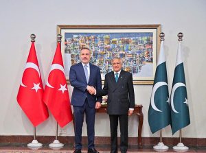 Deputy Prime Minister and Foreign Minister, Senator Mohammad Ishaq Dar, shakes hand with the Foreign Minister of the Republic of Türkiye, H.E. Hakan Fidan, at the Ministry of Foreign Affairs.