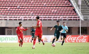 Players in action during the AFC Asian Cup qualifier football match between Pakistan and Myanmar at Jinnah Stadium, Sports Complex
