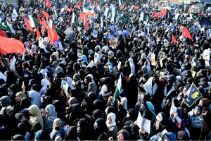 A large number of women participate in a protest rally near M.A. Jinnah Road against Israeli strikes on Iran that led to the martyrdom of Ayatollah Ali Khamenei and the deaths of hundreds of civilians, including schoolchildren.