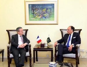 Federal Minister for Finance and Revenue, Senator Muhammad Aurangzeb, holding a meeting with H.E. Mr. Nicolas Galey, Ambassador of France to Pakistan, at the Finance Division to discuss economic cooperation and bilateral engagement.
