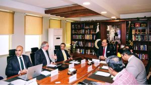 Federal Minister for Finance and Revenue, Senator Muhammad Aurangzeb in a meeting with Robert Jan Siegert, Ambassador of the Kingdom of the Netherlands to Pakistan, along with representatives of Engro Corporation and Engro Vopak Terminal Limited, at the Finance Division
