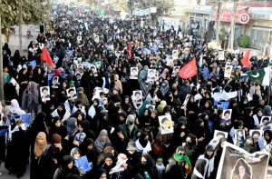 A large number of women participate in a protest rally near M.A. Jinnah Road against Israeli strikes on Iran that led to the martyrdom of Ayatollah Ali Khamenei and the deaths of hundreds of civilians, including schoolchildren.