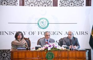 Deputy Prime Minister and Foreign Minister Senator Mohammad Ishaq Dar addresses a press briefing at the Ministry of Foreign Affairs.