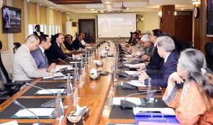 Federal Minister for Finance and Revenue, Senator Muhammad Aurangzeb, chairing a meeting of the Economic Coordination Committee (ECC) at the Finance Division.