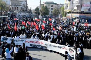 A large number of women participate in a protest rally near M.A. Jinnah Road against Israeli strikes on Iran that led to the martyrdom of Ayatollah Ali Khamenei and the deaths of hundreds of civilians, including schoolchildren.