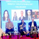 Prof Dr Huma Baqai addressing a seminar " Conflict in The Middle East" organised by Karachi Council on Foreign Affairs at Quaid-e-Azam House Museum