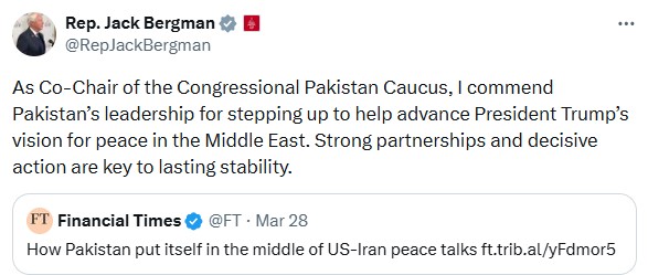 US Congressmen praise Pakistan's role in facilitating US-Iran peace talks