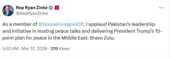 US Congressmen praise Pakistan's role in facilitating US-Iran peace talks