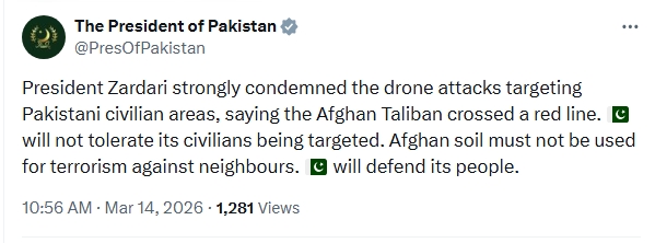 President condemns drone attacks upon Pakistani civilian areas; says illegitimate Taliban crossed red line