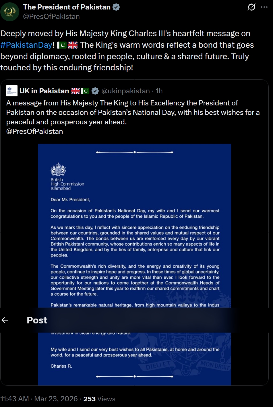 President Zardari reciprocates King Charles’ warm felicitations  