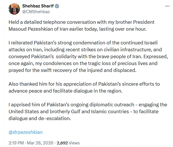 PM reiterates Pakistan’s condemnation of Israeli attacks; apprises President Pezeshkian of diplomatic efforts
