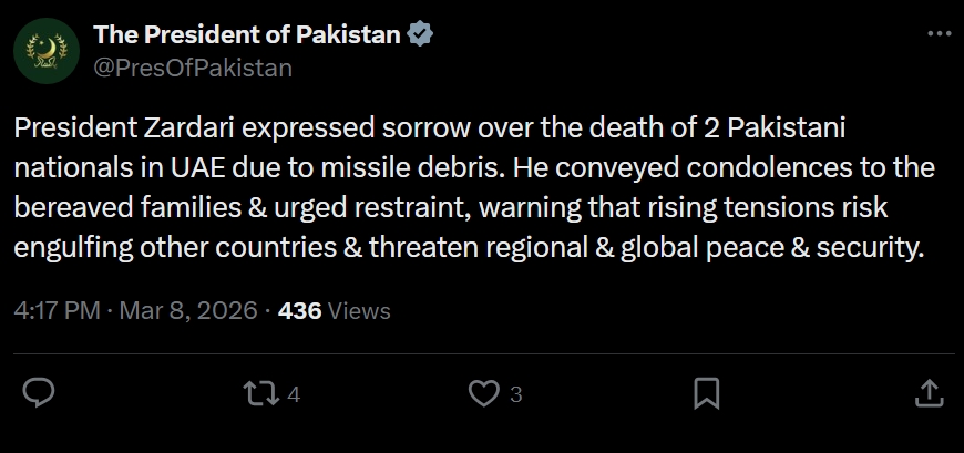 President expresses grief over death of Pak nationals in UAE; underscores int’l efforts for regional peace