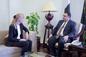 German Ambassador to Pakistan ,Ina Lepel calls on Minister of State and SAPM on Digital Media Fahd Haroon at his office.