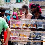 A customer selects small fish as pets from a vendor at the Friday Bazaar in Latifabad Unit 12