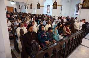 Pakistani Christians gather at Saint Joseph Cathedral Church to attend Easter service to celebrate Easter in the Lalkurti area of the garrison city.