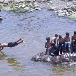 A group of young boys cool off from the sweltering heat by diving into the water and gathering on rocks at a local waterway, as residents increasingly seek natural swimming spots for relief during the ongoing heatwave