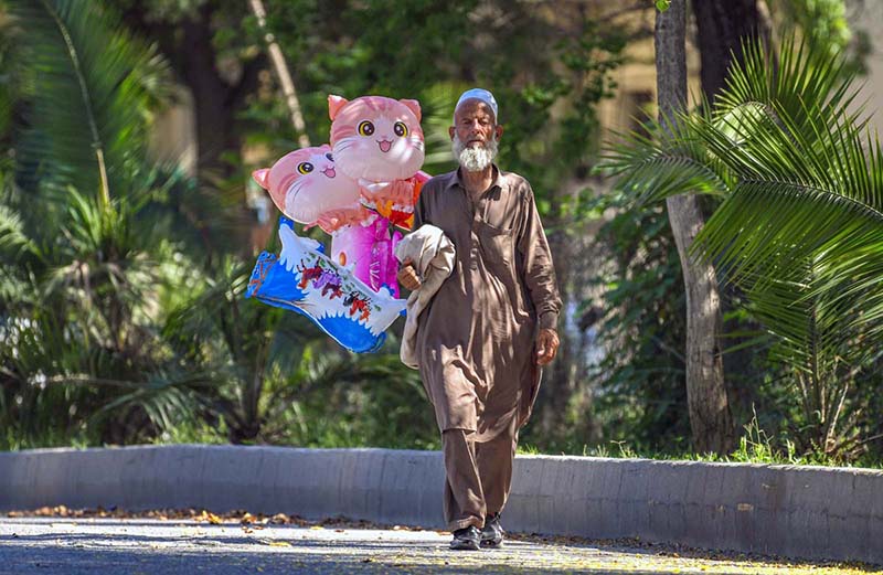 An elderly vendor displayed different cartoon shape balloons to attract the customers at Park Road in the Federal Capital