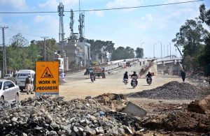 Labourers are busy at work on the Kutchery Chowk remodeling project during development work in the city.