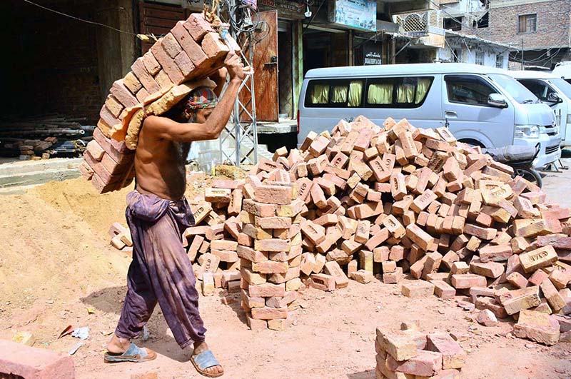 A labourer is shifting bricks during construction work of a house