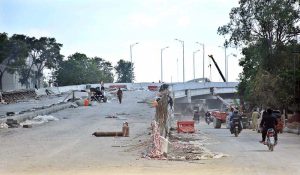 Labourers are busy at work on the Kutchery Chowk remodeling project during development work in the city.