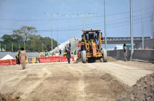 Labourers are busy at work on the Kutchery Chowk remodeling project during development work in the city.