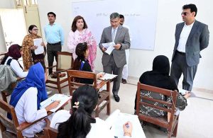 Chairman Board of Intermediate and Secondary Education Khalid Hussain Mahar along with Deputy Commissioner Tariq Manzoor Chandio visiting examination centre during annual examination of HSSC (Part-I) at Government Girls BNB College