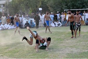 A view of Kabbadi final match playing between Tehsil Sargodha and Tehsil Sahiwal teams during Inter-Tehsil Kabaddi Tournament organized by District Sports Department.