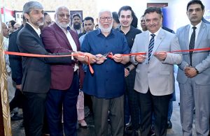 Special guests Mian Muhammad Riaz, MPA Chaudhary Faisal Ikram, President Chamber Syed Ehtsham Mazhar Gilani and Chairman Zeeshan Tariq Sheikh inaugurate the SIMAP Technology & Innovation Summit 2026 (4th Edition).