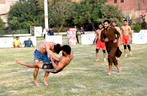 A view of Kabbadi final match playing between Tehsil Sargodha and Tehsil Sahiwal teams during Inter-Tehsil Kabaddi Tournament organized by District Sports Department.
