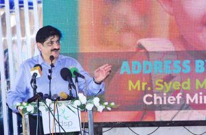 Chief Minister Sindh Syed Murad Ali Shah addresses the inauguration ceremony of the KDSP Hyderabad campus at GOR Colony.
