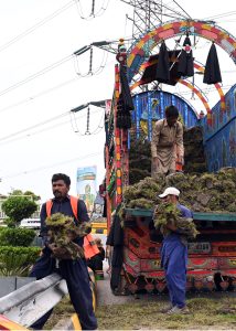 Laborers busy in beautification work at Koral Chowk Interchange on the Expressway in the Federal Capital