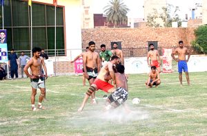 A view of Kabbadi final match playing between Tehsil Sargodha and Tehsil Sahiwal teams during Inter-Tehsil Kabaddi Tournament organized by District Sports Department.
